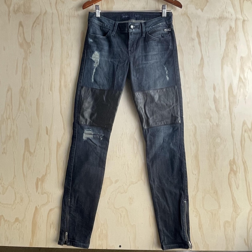 Guess Jeans Womens 27 Dark Wash Skinny‎ Distressed Ankle Zip Leather Panel Denim